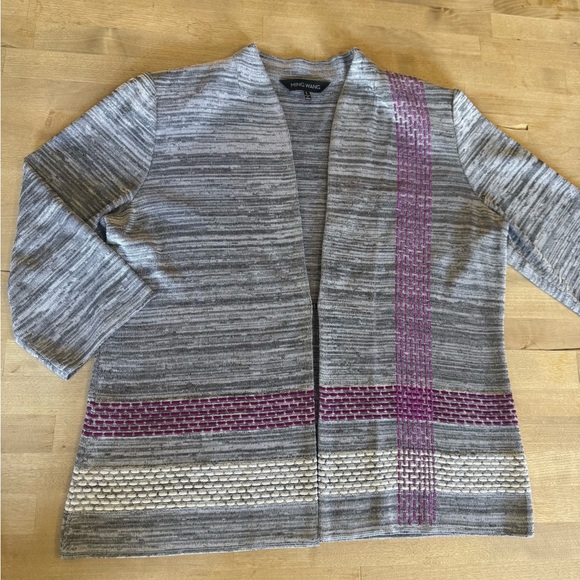 Ming Wang Sweaters - Ming Wang Women's Gray Cardigan with Purple and White Accents